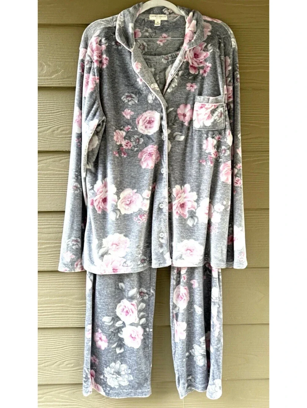 Laura Ashley Women's Gray Pink Floral Velvet Pajama Top & Pants Set 2pc
